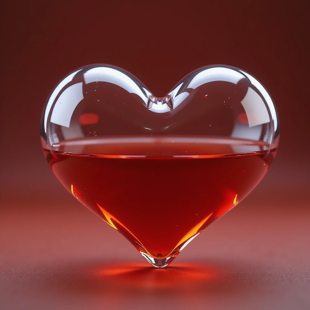 a shiny glass heart, half full of vibrant red liquid, realistic style emoji
