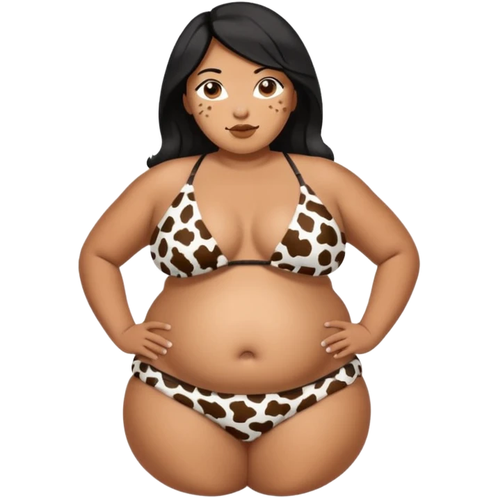 fat tan hucow woman with half white half black hair with inflated belly in cow print bikini emoji