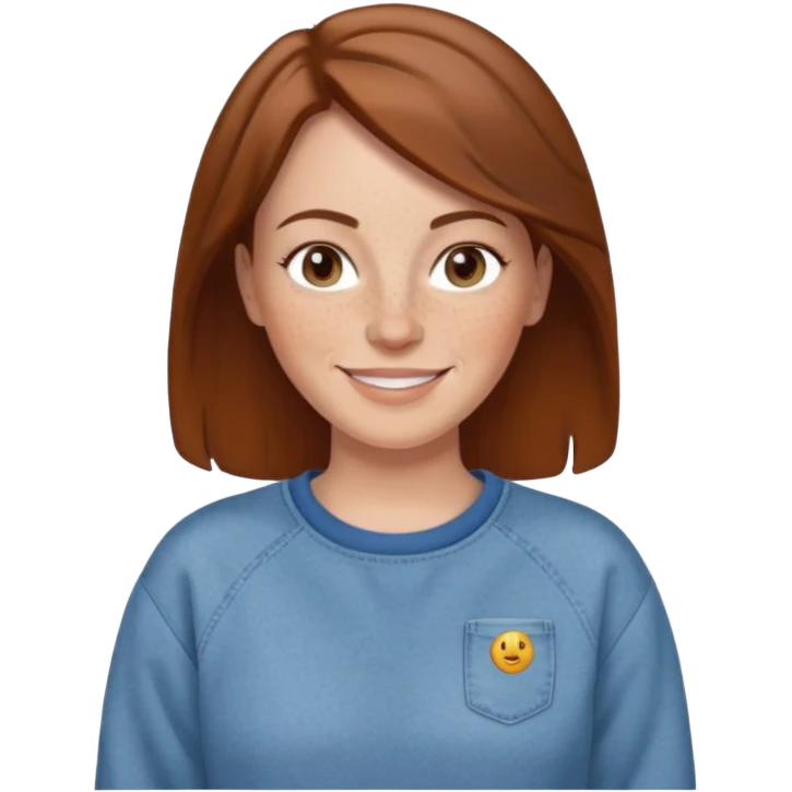 A 38 year old white woman with brown hair and freckles wearing a sweatshirt and jeans smiling emoji