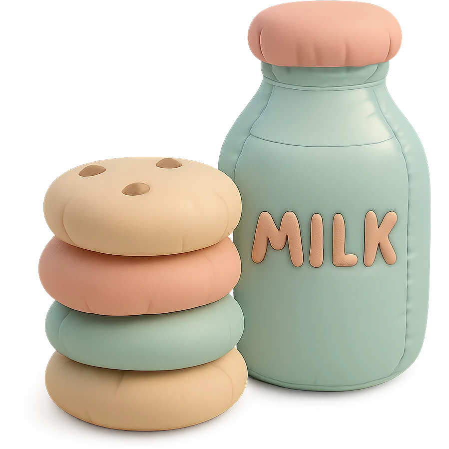 a cushion style stack of cookies next to a bottle of milk, cozy and rounded, pastel colors emoji