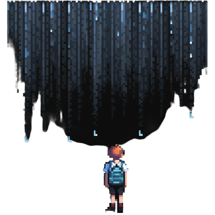 Boy standing alone in the rain, raindrops falling emoji