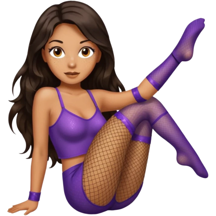 Tan skin with freckles, long dark hair, hazel eyes Dominatrix with sparkly fishnet stockings  emoji