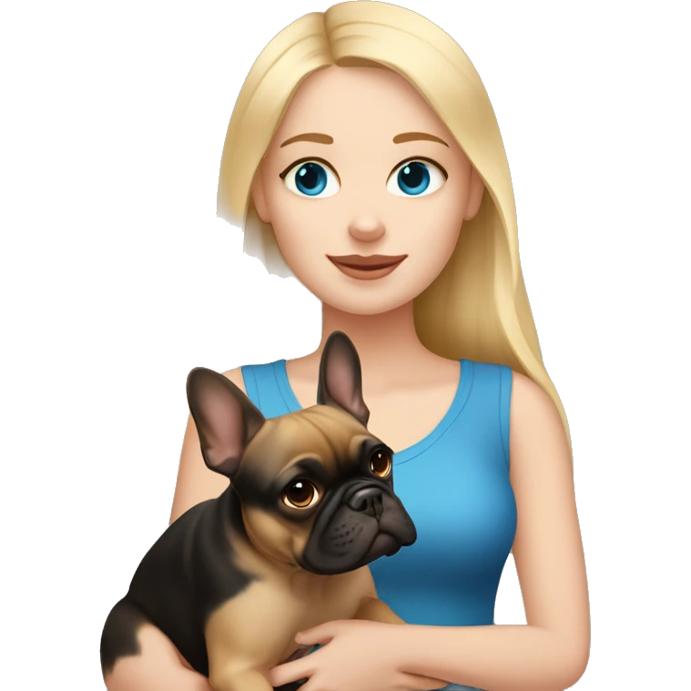 Blonde girl with blue eyes holding brown and black French bulldog emoji