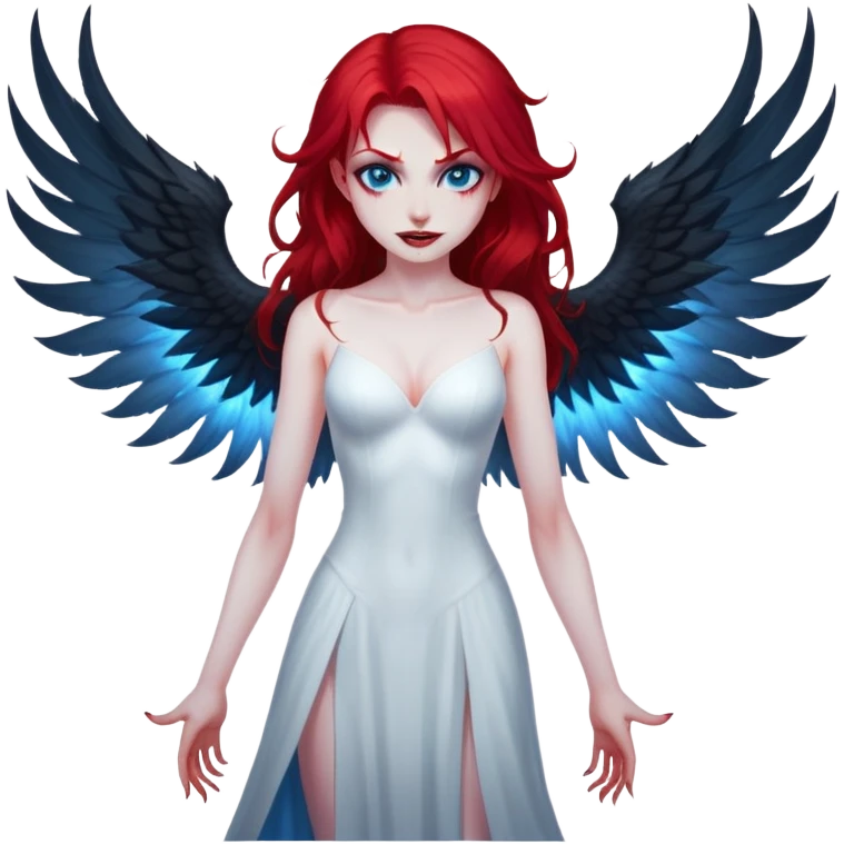 extremely diabolical girl with giant towering wings, blood red hair, glowing blue eyes, black hellfire aura, no horns, evil grin emoji
