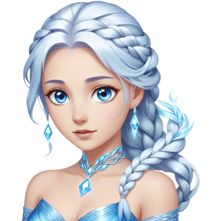 Cinematic Stunning Elsa Portrait Emoji, Ice-blue gown shimmering, platinum hair flowing in a graceful braid, piercing blue eyes glowing with icy magic, an aura of regal power and breathtaking beauty, frozen elegance at its finest! emoji