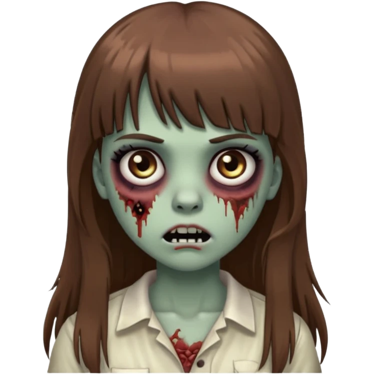 Zombie girl emoji with long brown hair, bangs, big black eyes emoji