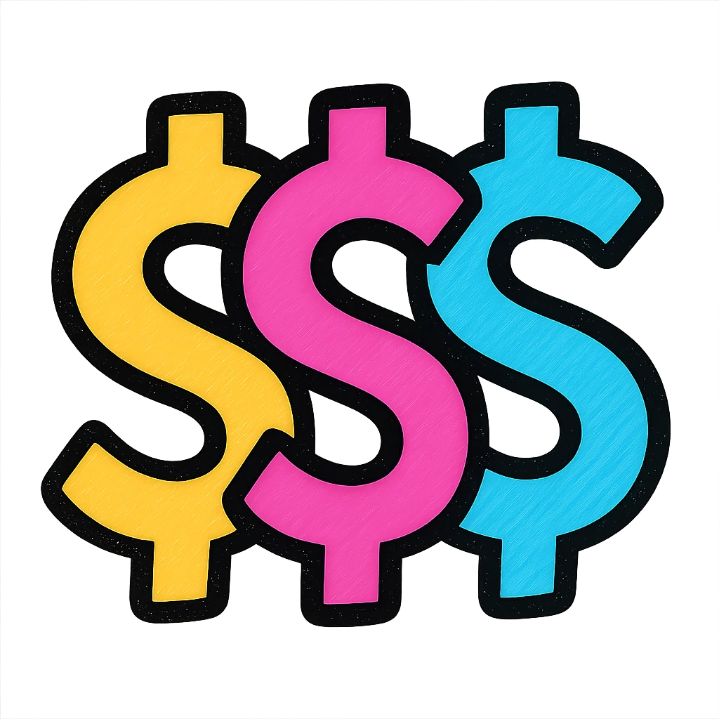 playful, colorful version of the dollar sign symbol $$$, fun and energetic vibe, suitable for use as an emoji or sticker emoji
