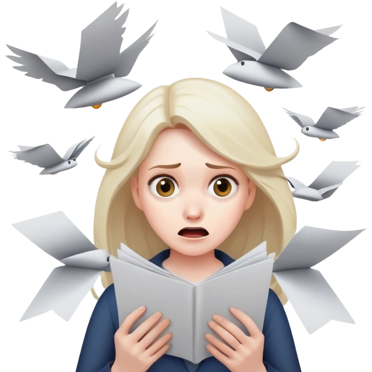 scared woman with flying papers around her emoji
