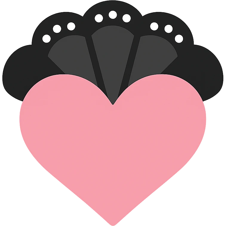 gothic heart with a black lace fan, color icon filled style, pink and black emoji