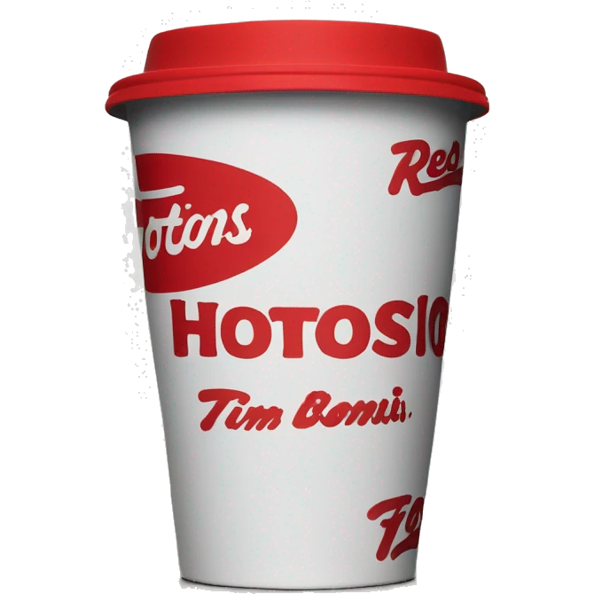 “Red Tim Hortons coffee cup with large white ‘Tim Hortons’ logo in script, black plastic lid, and a simple, clean design.” emoji