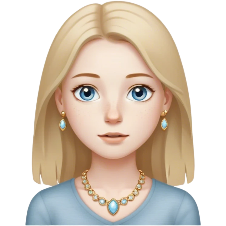 create a girl with pale skin and light freckles on her nose and cheeks. grey blue eyes. light brown straight hair going passed her shoulders. gold simple jewelry.  emoji