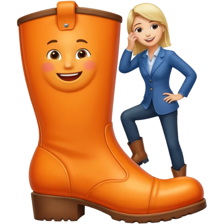 Office worker kissing a boot that is giant and orange emoji