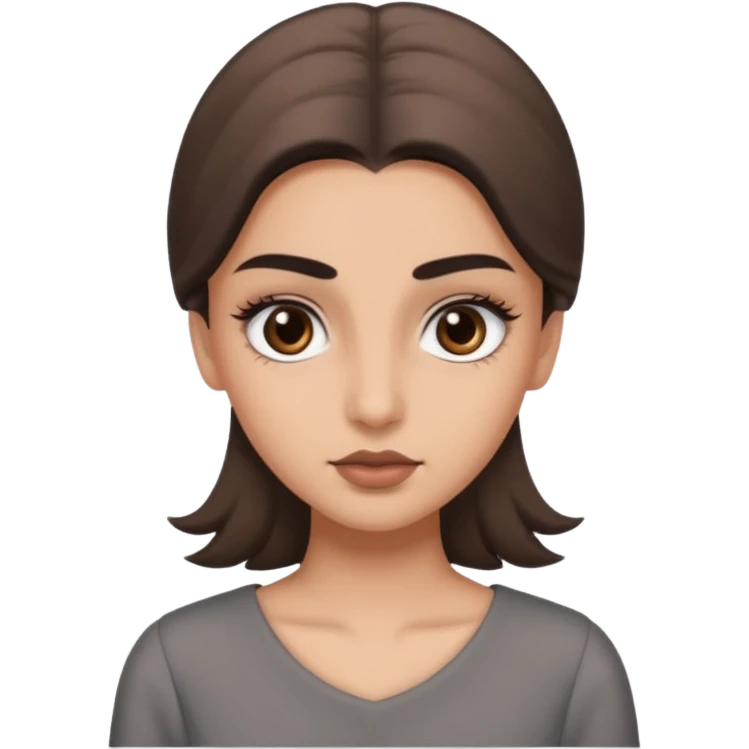 Hidjab girl that is wearing gray dress, and her brow is thick so her eyelash is tall emoji