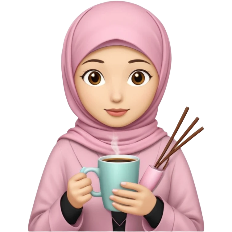 A hijabi girl with light pink hijab and tanned skin holding coffee in one hand and chopsticks in other. Only upper portion of the body shown in IOS format emoji