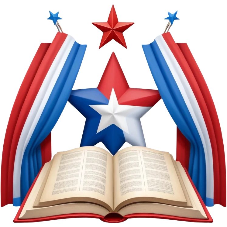 Open book about theatrical scenography with the Puerto Rican flag integrated into its pages, showing theater stage designs in red and blue colors with a white star emoji