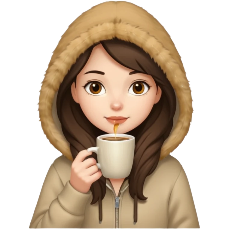 a brunette girl sitting cozily in a beige fur hoodie sipping coffee emoji
