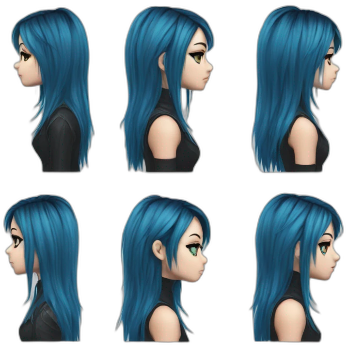 Side profile realistic emo girl, black makeup, long choppy blue hair side bangs emoji