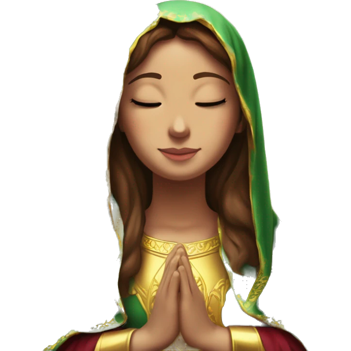 Virgin Mary: kind face looking down at the left, long brown hair, Wearing an emerald green  robe with gold stars and a burgundy red dress,  Hands in prayer or blessing. Halo around her head. standing in front of a big sun. colorful roses on the sides  emoji