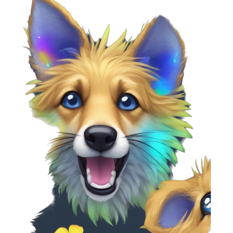  brindle fluffy lurcher Alsatian fox running blue eyes fluffy ears and iridescent holographic oilslick harness wearing paper iridescent tropical flower crown yellow caution tape neon sign emoji