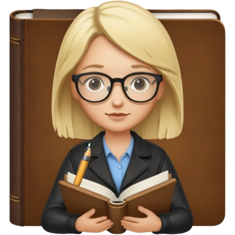 writer holding pen in hand and closed book in other hand, with blonde hair and wearing glasses emoji