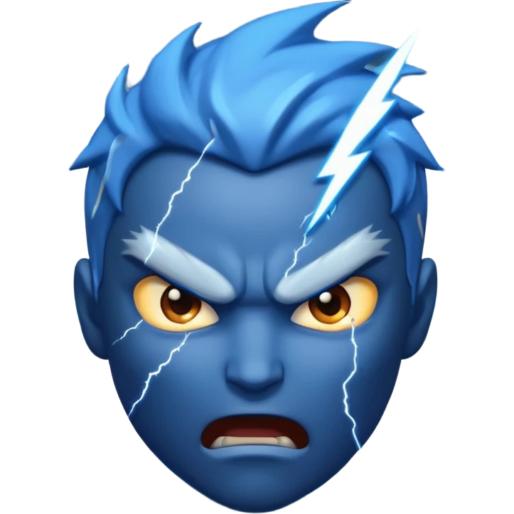 Rayos, centellas y estrellas en una cara color azul con expresiones de furia emoji