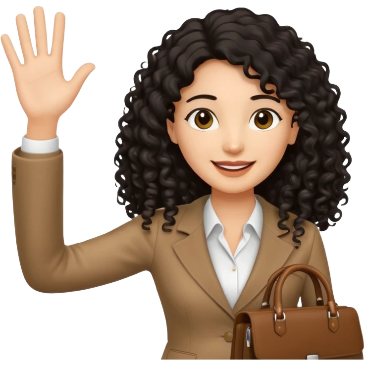 medium deep tan brown business woman with long black curly hair, waving hand with happy face and holding a close laptop and carrying a bag on her dhoulder emoji