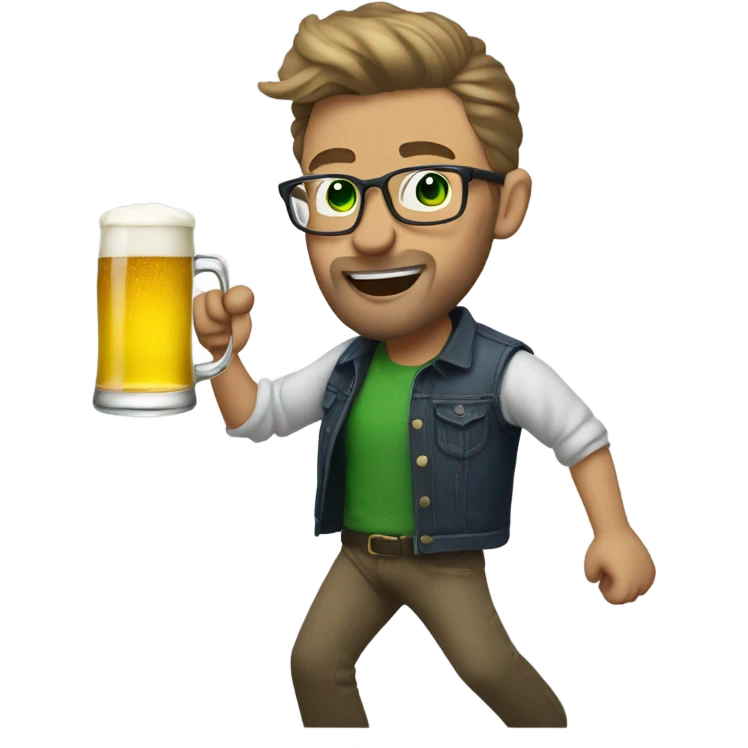 Man with dark blonde hair in a short back and sides style, green eyes, glasses and facial hair dancing with a beer in one hand  emoji