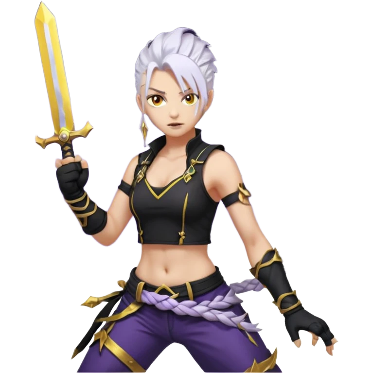 A sword maiden, mohawk, long braid white hair with lavender and tips long messy bangs one side, gold yellow eyes, black crop top, with both fighting gloves up in defensive ready pose, delivering a lightning quick vertical upwards front kick with volcanic force emoji