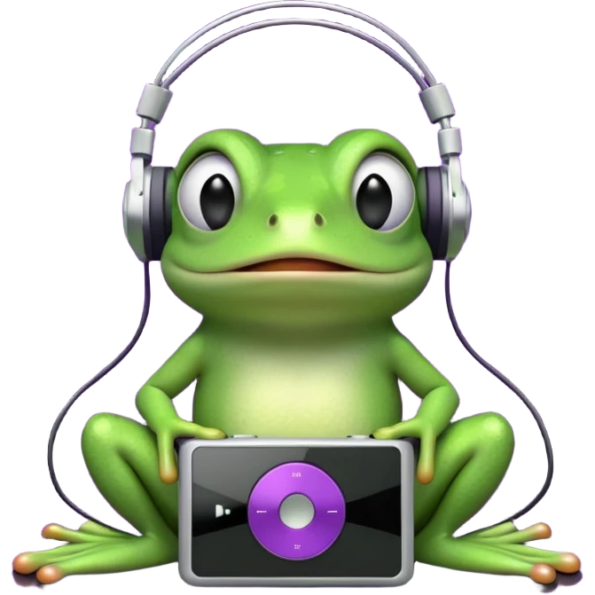A cute green cartoon frog sitting with a neutral expression, wearing large black over-ear headphones. The frog is connected by a wire to a small, classic-style iPod with a purple screen, placed in front of it. The background is a dense black-and-white noise pattern resembling TV static. emoji