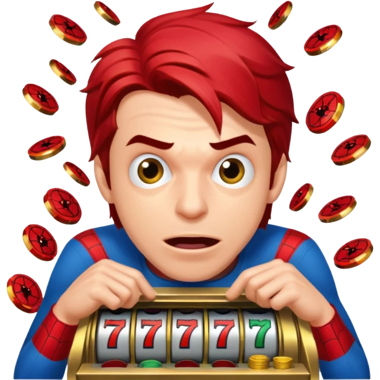 disheveled spiderman losing money at a slot machine, panicked face, coins flying emoji