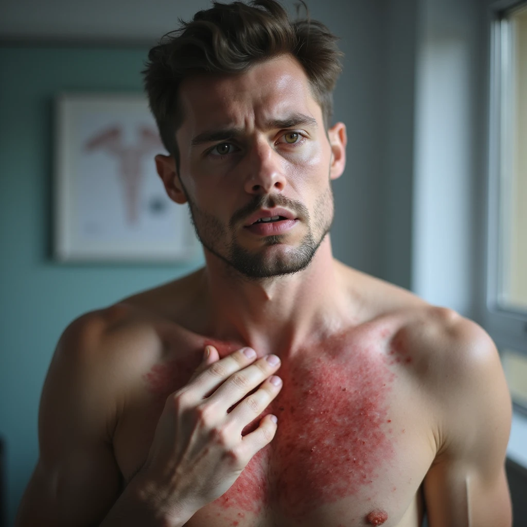realistic man with red, irritated rash on chest, gently touching the area, worried expression, soft lighting, clinical background, medical realism, dermatology focus, 4K emoji