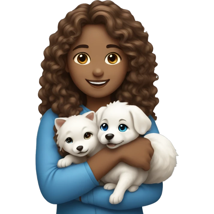 Girl long curly brown hair smiling and blue eyes and holding a white fox dog in her arms emoji
