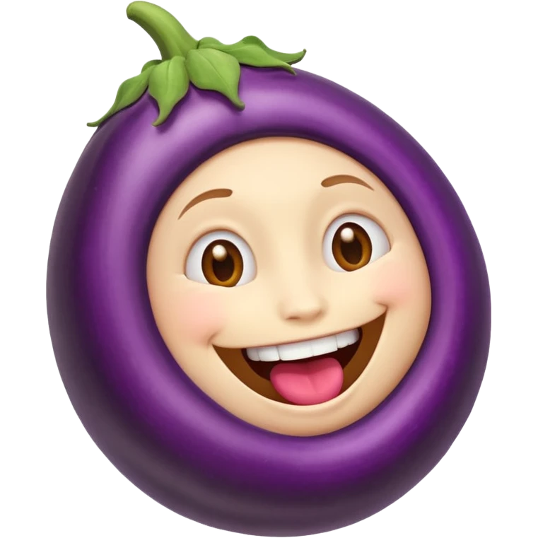 An ashamed, smiling round face emoji with a huge eggplant in mouth. emoji