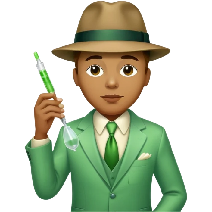 Charlie Parker (jazz saxophonist) in jazz suit and hat with syringe and spoon with light green liquid emoji