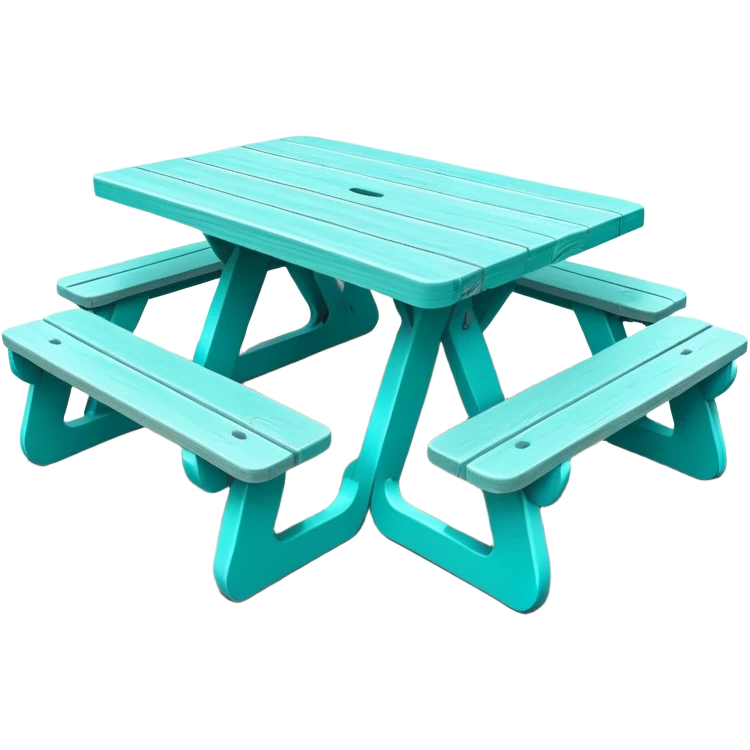 functional scenic prop picnic table with benches, soft teal, straight vertical legs, wheels, flat wood-style silhouette, clean geometry, minimal shading emoji