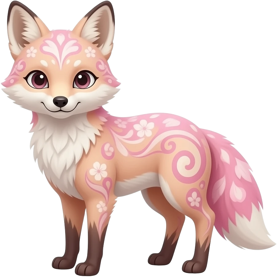 Anthropomorphic digitigrade Pastel beige and pastel Sakura-pink fox furry-Falvie-Fionbri-fursona with floral swirly markings and white spot markings, 2 legs, modern, sophisticated emoji