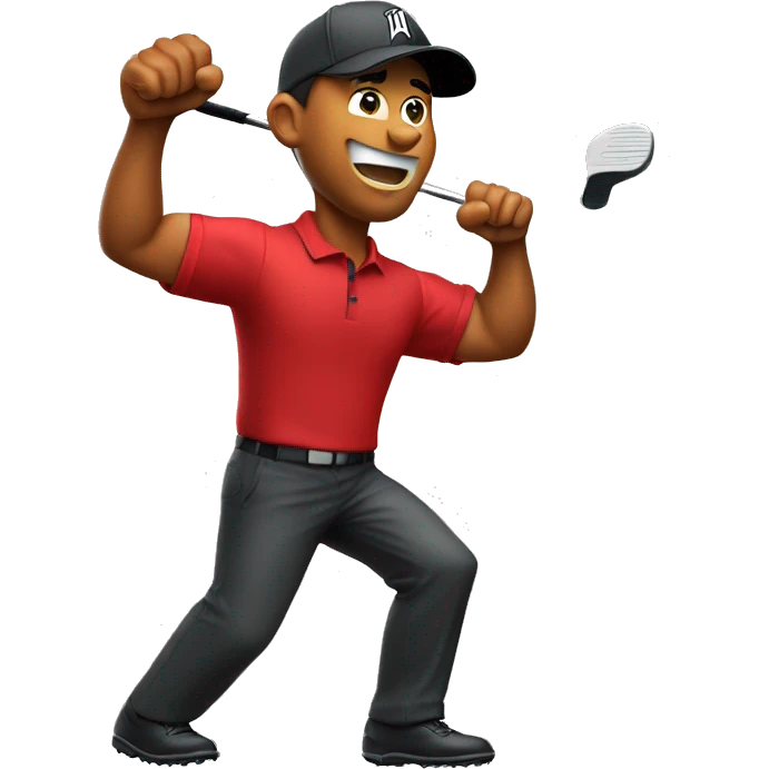 Tiger woods fist pumping while wearing red shirt holding putter in left hand emoji