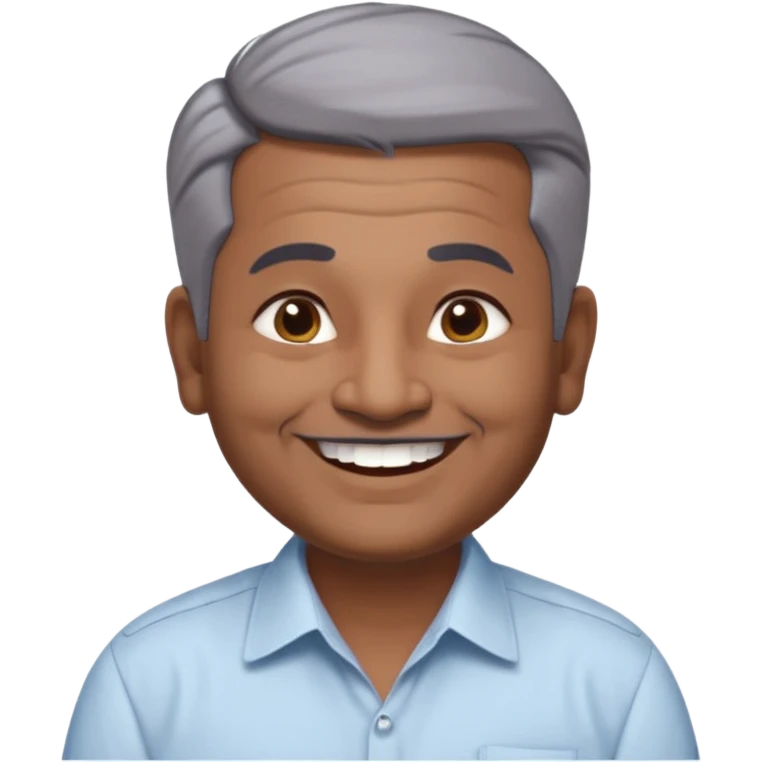 50 yr old indian man, dark skin, grey hair, big smile, white teeth, chubby, no moustache, clean shaven, young style hair, hair brushed back, 5 oclock shadow, bindy, dress shirt, forehead dot, chubby emoji