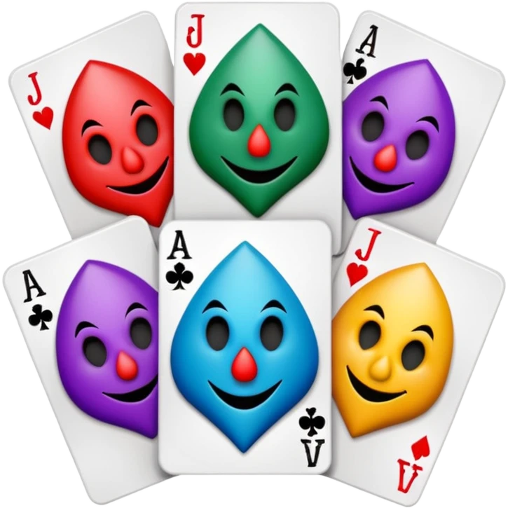 bunch of 3 poker cards, with crazy colorful jolly jokers inside, inversed face emoji