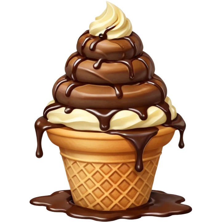 lava ice cream emoji, waffle cone with a scoop of vanilla ice cream, molten chocolate lava oozing from the center, vivid textures, bright lighting, apple emoji style emoji