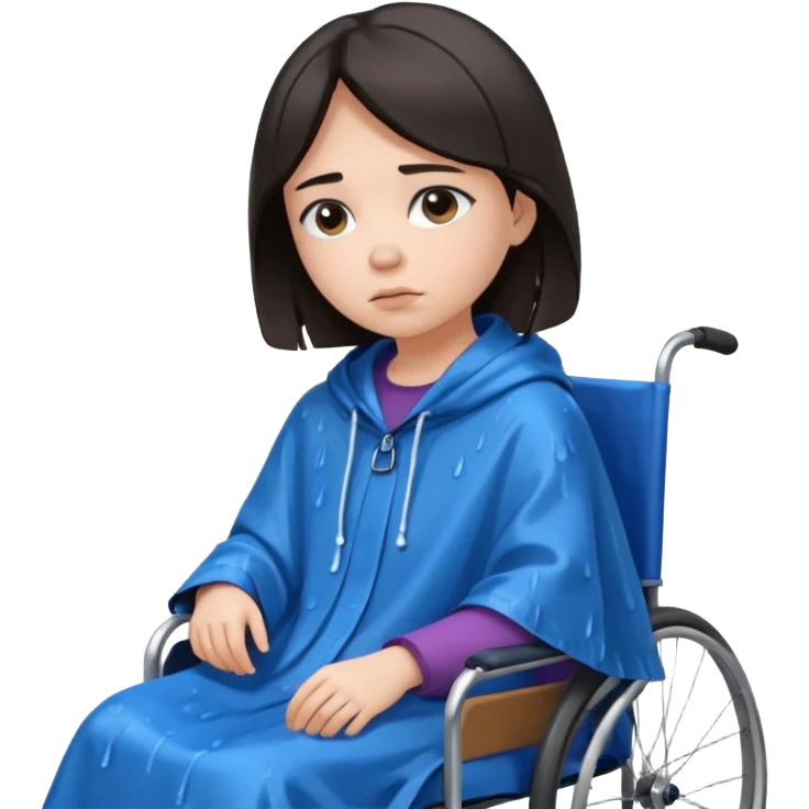 Girl with dark hair  in a wheelchair with rain poncho sad  emoji