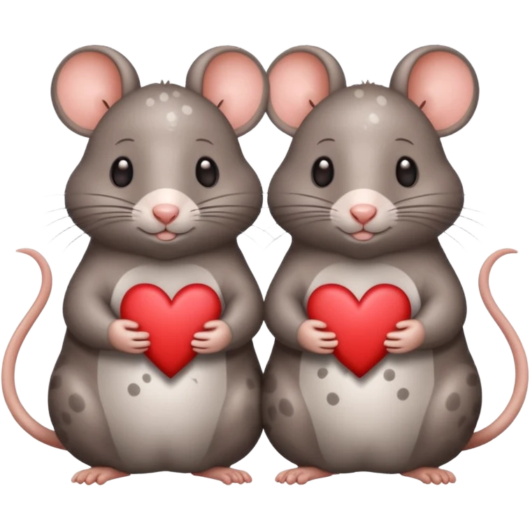 two fat little rats holding hearts one grey with white spots the other warm brown emoji