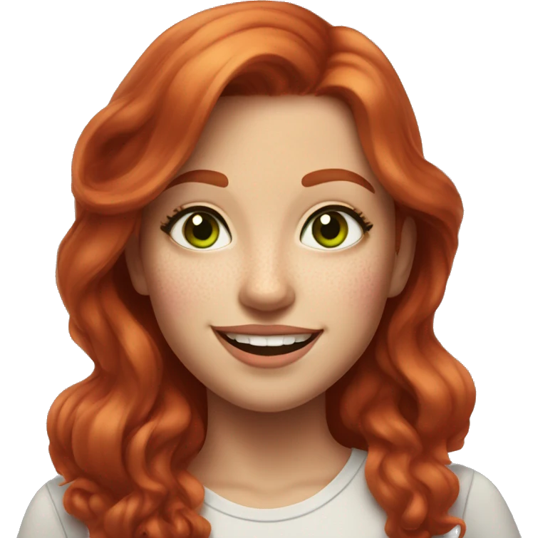 
girl with red hair and gray-green eyes smiles
some freckles and bright pink lips emoji