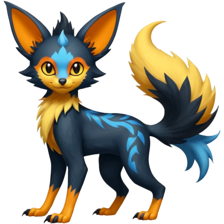 Lykoi-Fennekin-Electrike-Luxray-fusion-hybrid-animal-Fakémon-creature, full body, thin long sleek scaly tail, intricate markings emoji