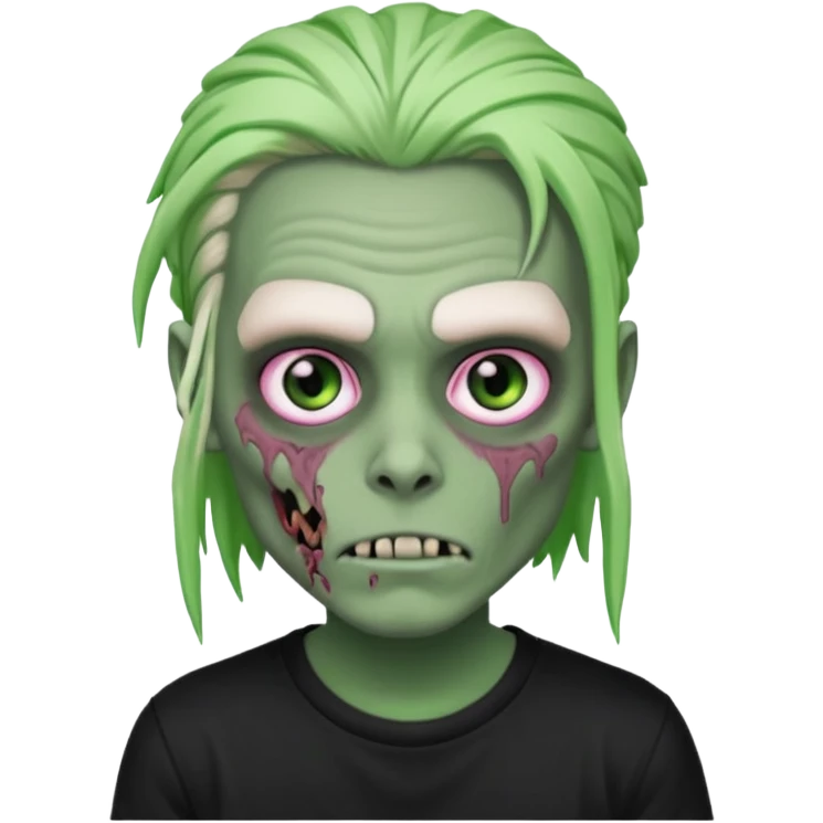 Zombie boy, green skin, white dreads medium long, pink eyes, black tshirt emoji
