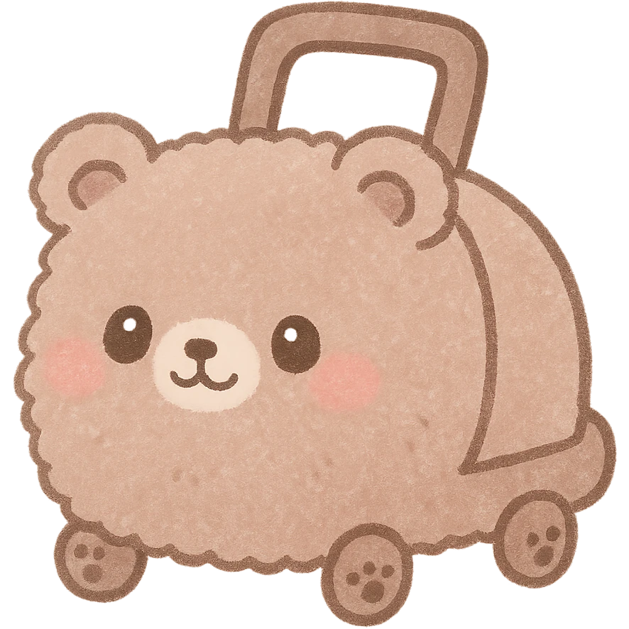 kawaii chibi vacuum cleaner bear, fluffy, rolling with tiny paw wheels, soft brown pastel, full-body emoji