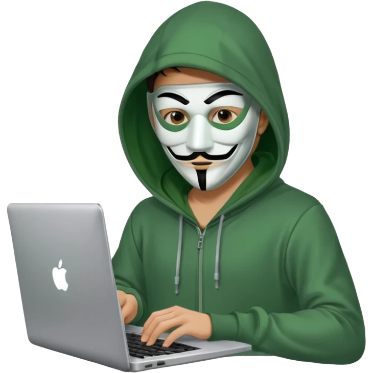 Хакер сидит в зелёной одежде в анонимус маске, печатает в ноутбуке, прозрачный фон. emoji