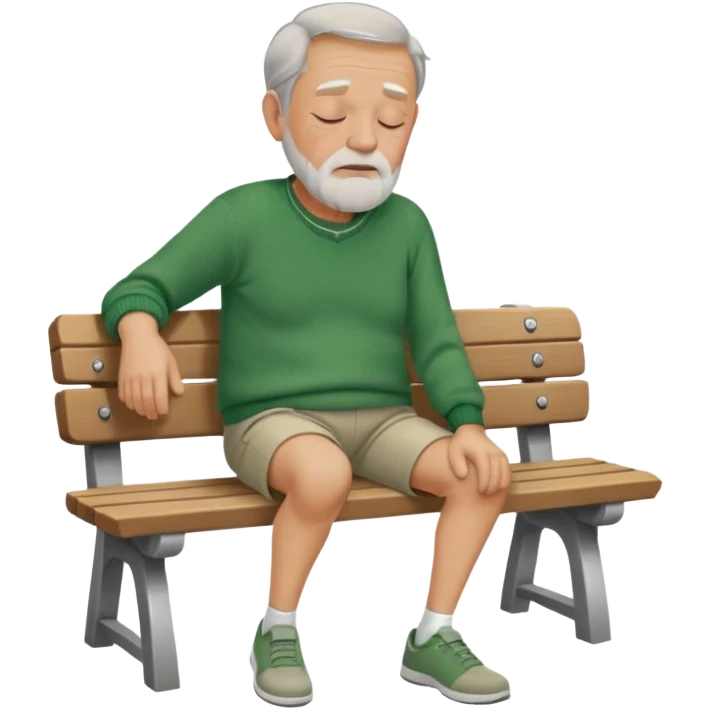 Old Man sleeping on bench in green sweater, light brown shorts, and grey shoes emoji