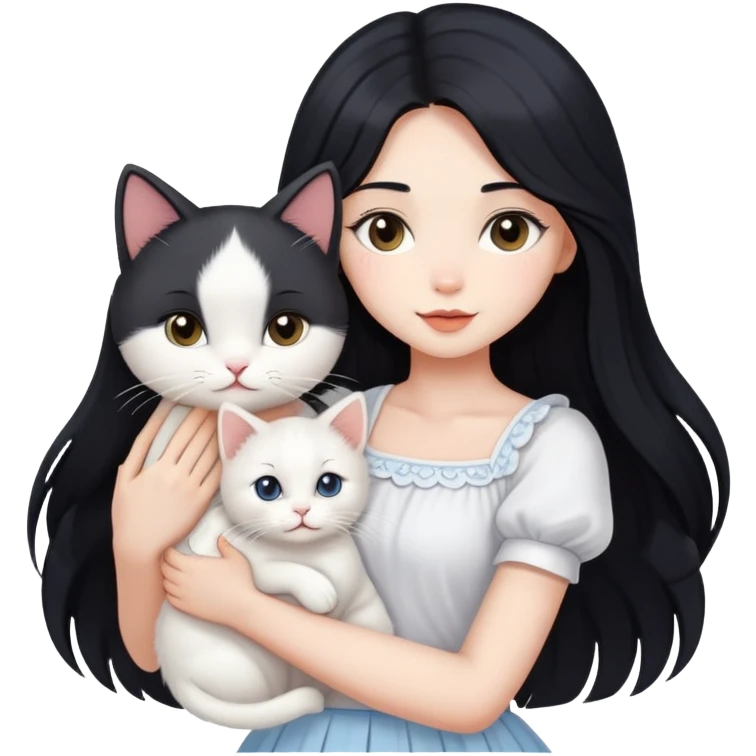 A beautiful girl with long black hair wearing a white skirt holds a cute white cat in her arms emoji
