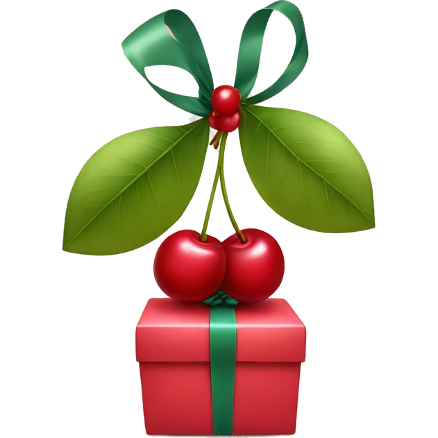 An emoji of two cherries hanging from a gift bow, with a delicate ribbon tying them together emoji